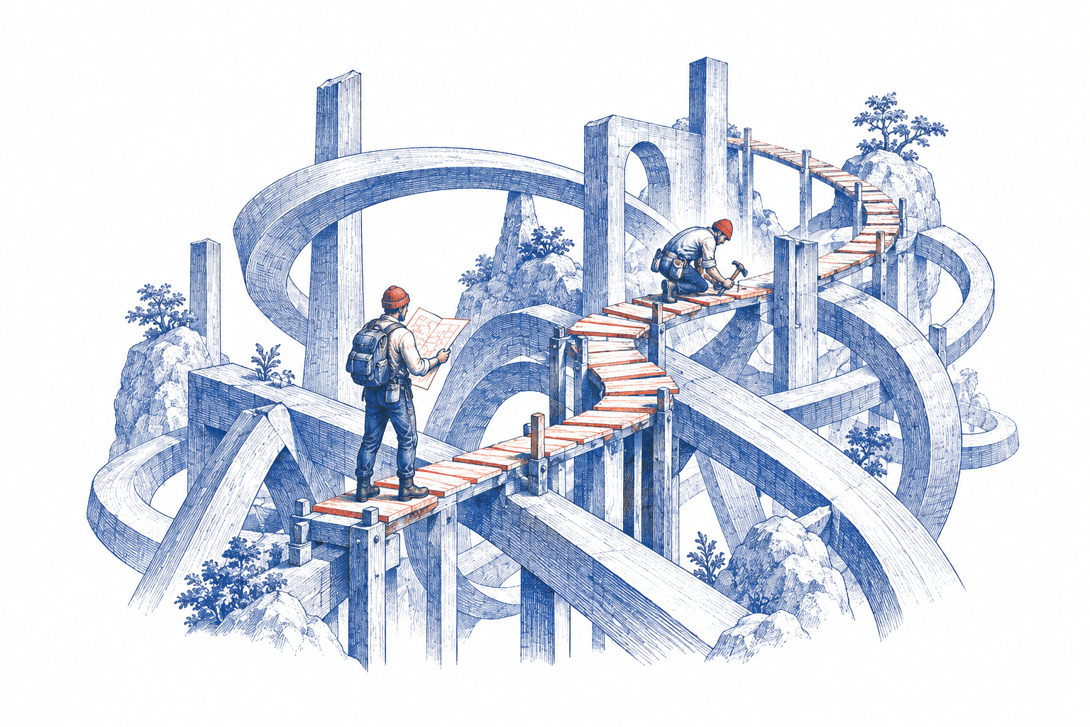 An ink illustration of builders constructing a path through a tangled structure, consulting a diagram as they go.